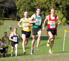 Steve Hepples (Loftus and Whitby) leads James Bailey (Sale Harriers) and Garry Bristow (Stockport Harriers), Senior Men, Northern Cross Country Relay, Graves Park, Sheffield